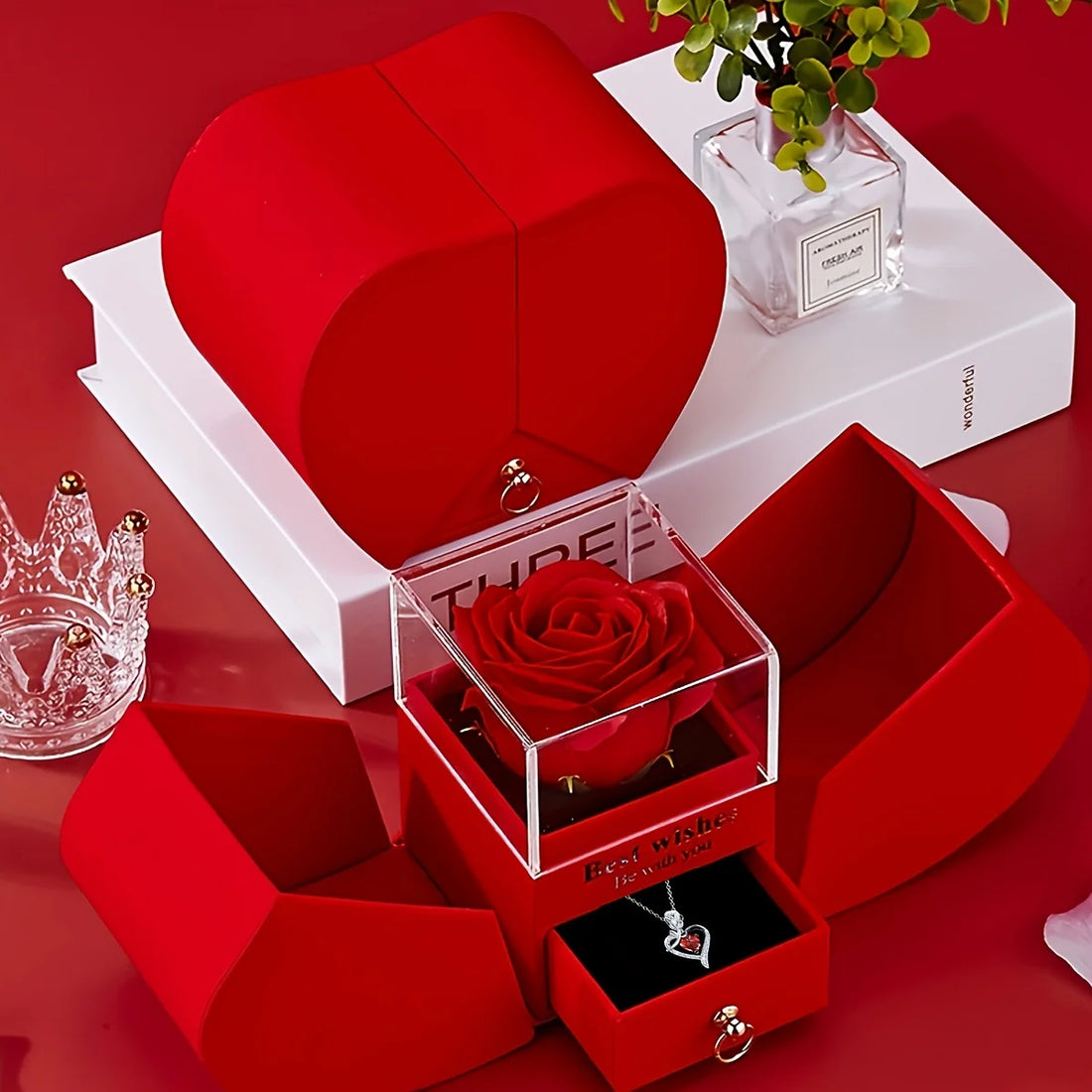 Eternal Rose Jewelry Box with Heart Shaped Necklace