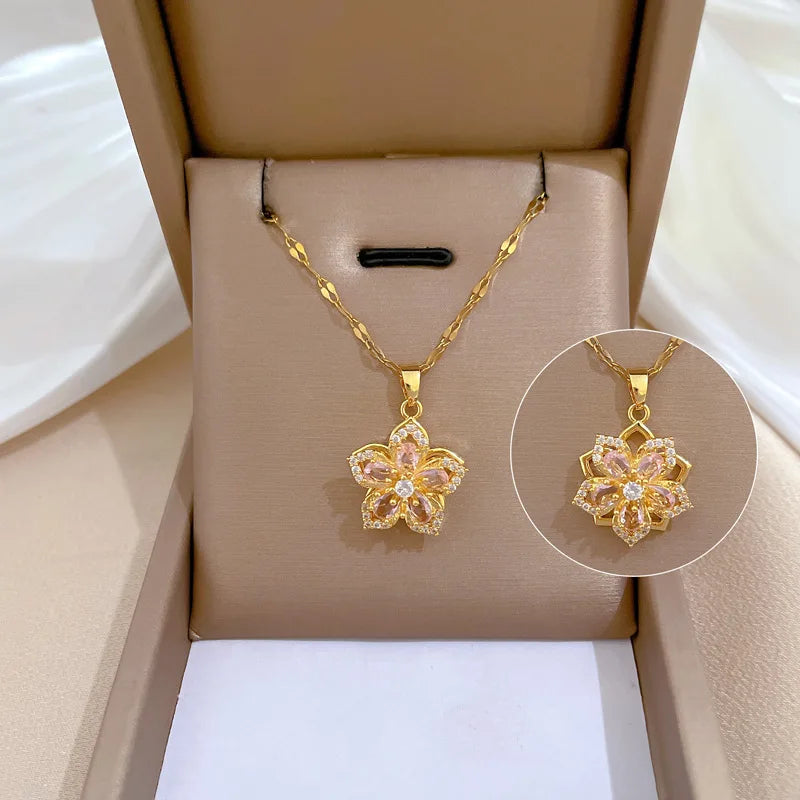 Rotatable Pink Flower Necklace