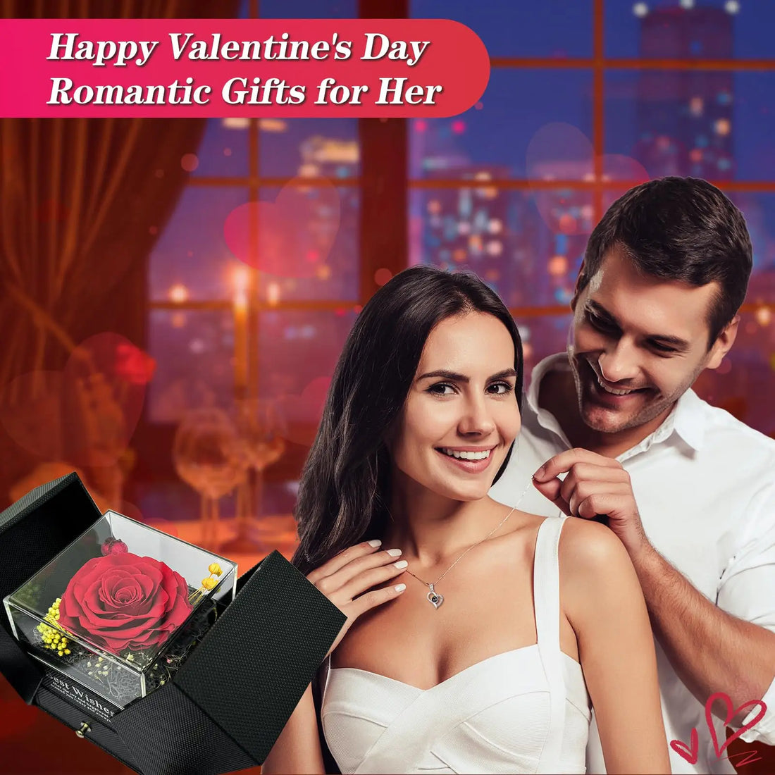 Eternal Red Rose with "I Love You" necklace in 100 languages